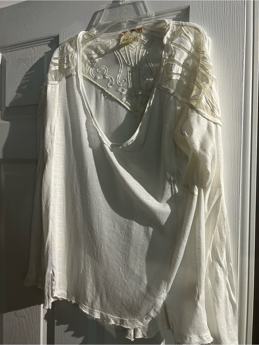 Vintage Free People Ivory Embroidered V-Neck Long Sleeve Top